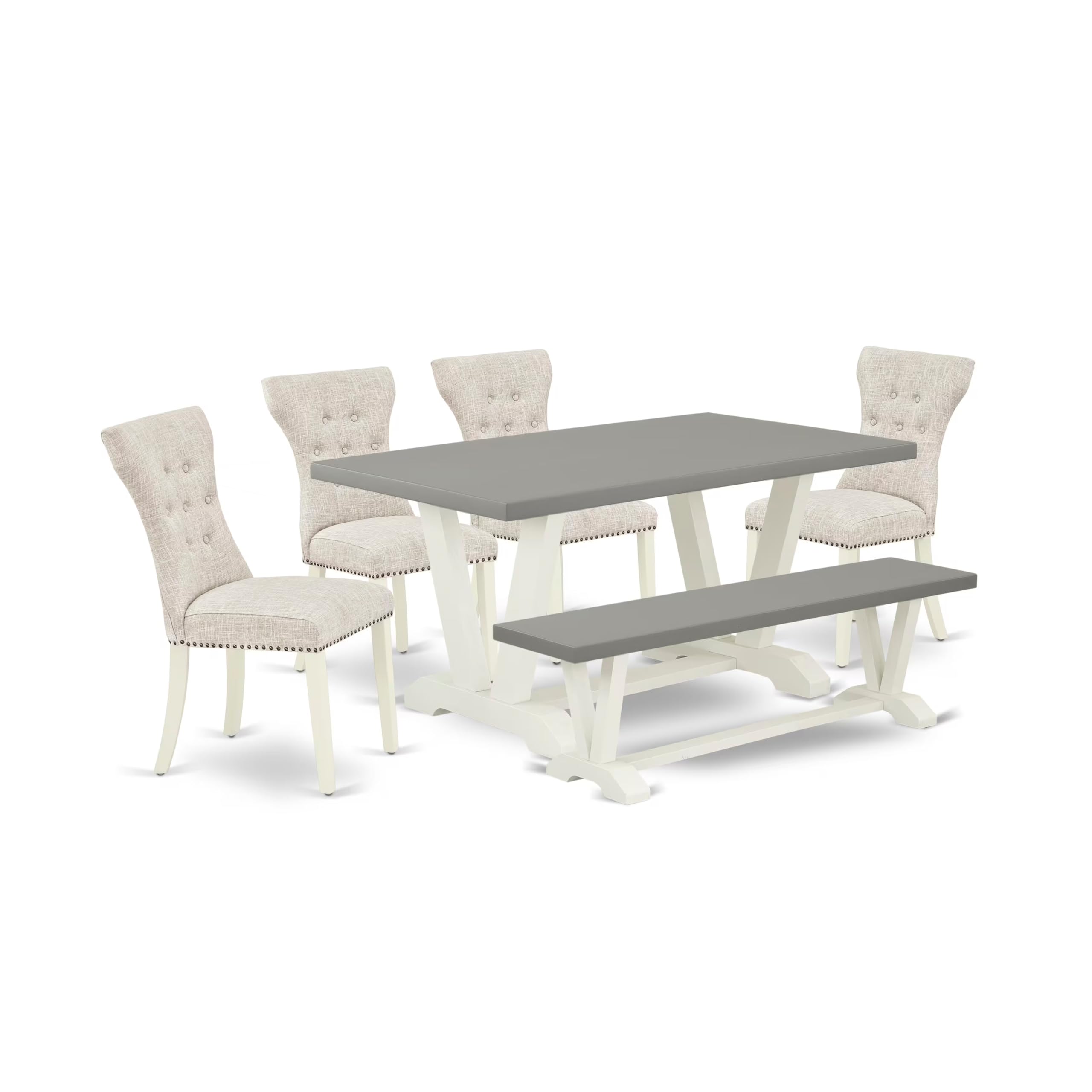East West Furniture V096Ga235-6 6 Piece Dining Table Set Contains A Rectangle Dining Room Table With V-Legs And 4 Doeskin Linen Fabric Parson Chairs With A Bench, 36X60 Inch, Multi-Color